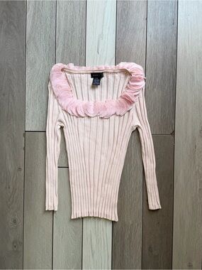 evie Y2K Pale Pink Ribbed Scoop-Neck Sweater with Pink Rosette Trim
